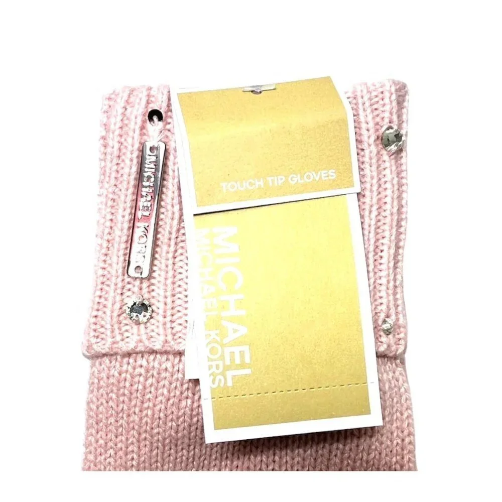 Michael Kors Womens Pink Embellished Ribbed Cuff Tech Touch Knit Gloves New